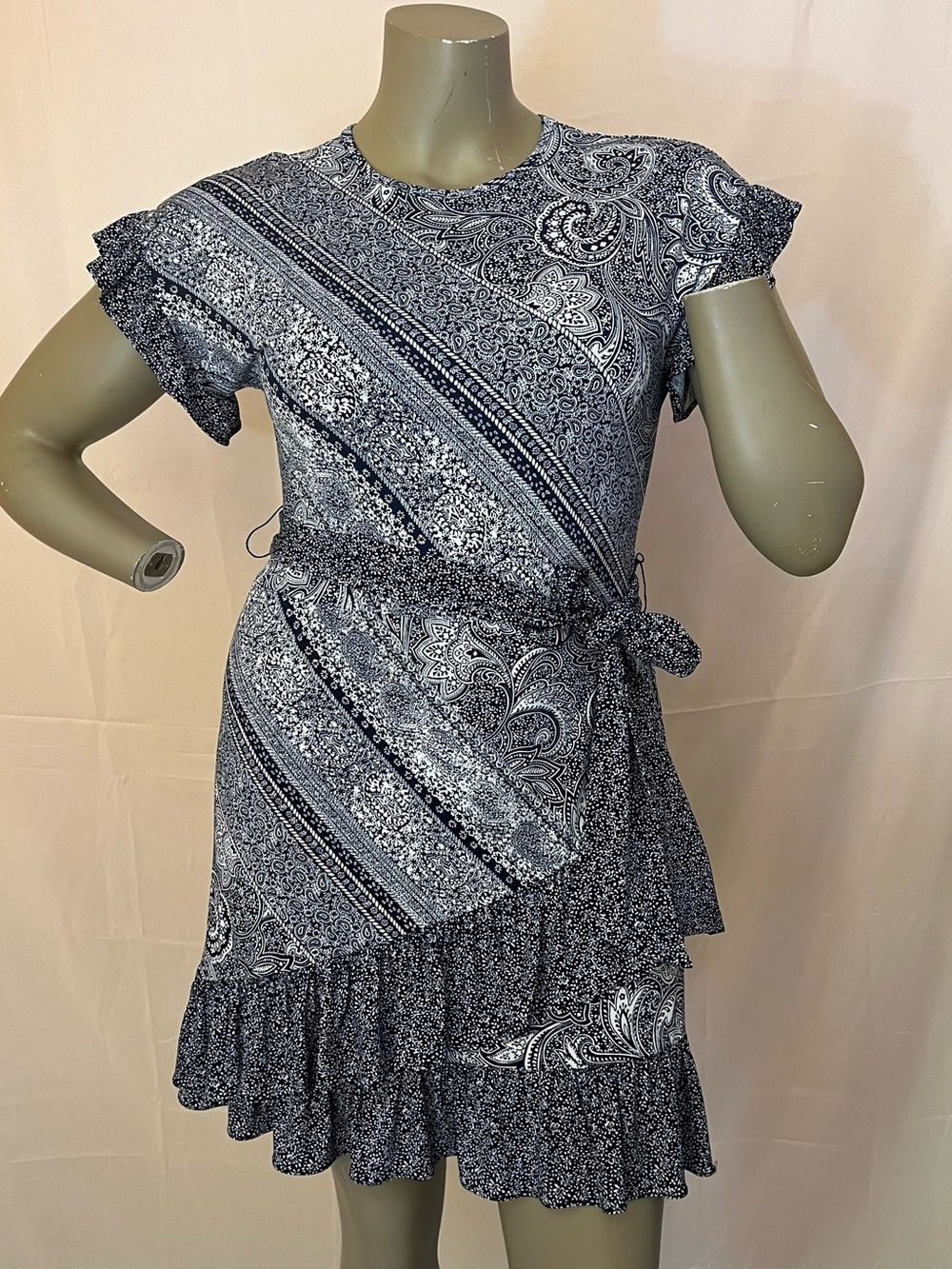Michael Kors Navy Paisley Asymmetrical Ruffle Wrap Dress
